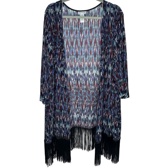 Catherines Womens 2X Fringe Hem Multicolor Open Front Cardigan Kimono Comfort - Picture 1 of 8